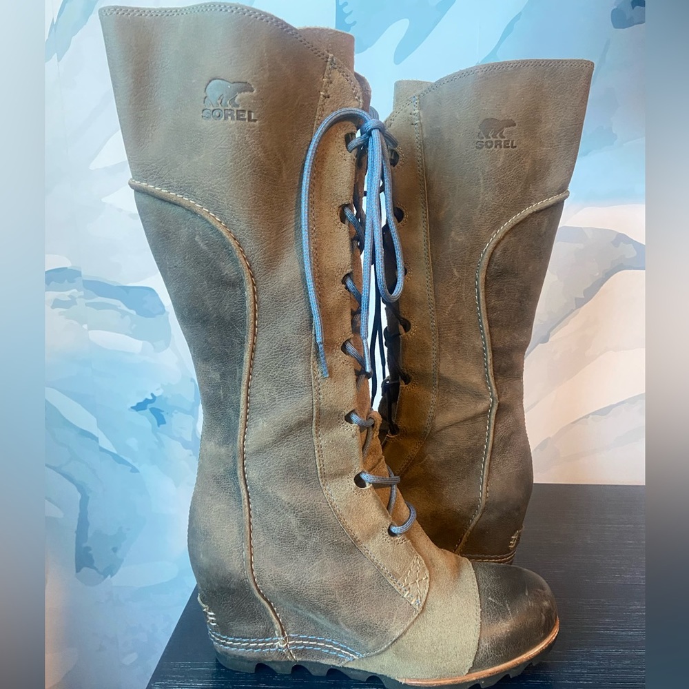 Sorel Cate The Great Wedge Boots Brown Leather Lace Up Tall Size 9